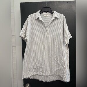 Umgee Black and White Stripe‎ Roll Sleeve Fringe Hem Oversized Top Size Large